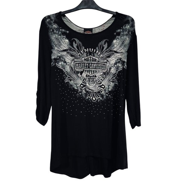 Harley-Davidson Womens Black Genuine Motorcycles Rhinestone & Lace Top Size L Se - Picture 1 of 14